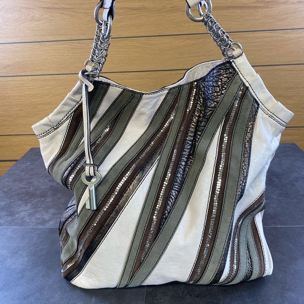 Fossil 54 Leather Embellished Cream,Olive,Brown & Bronze Striped Shoulder Bag